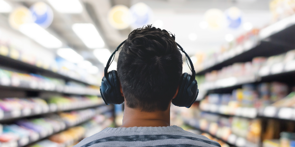 Foto einer Person mit Lärmschutzkopfhörern im Supermarkt