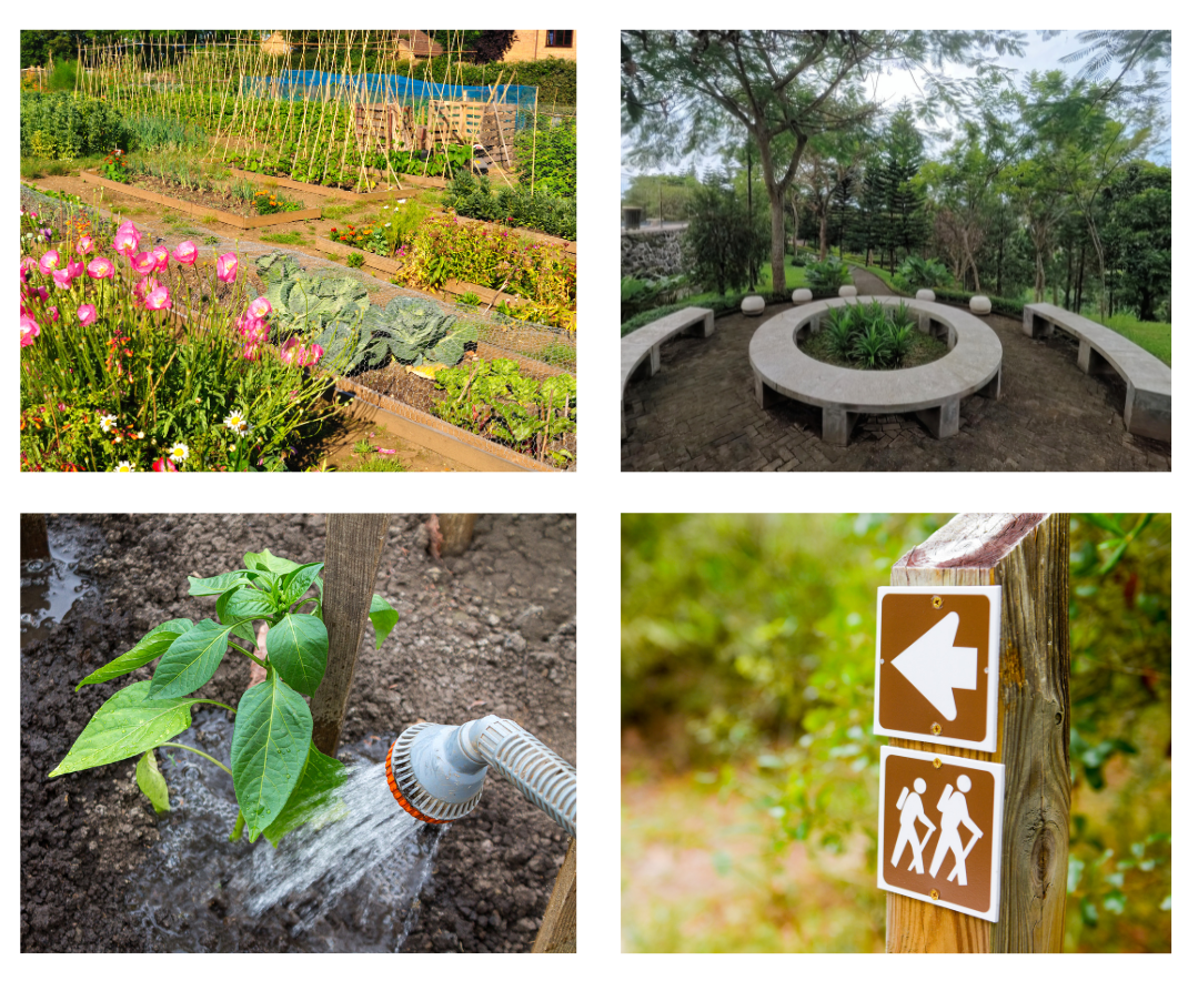 Images of garden layouts, a plant being watered and walkway signage