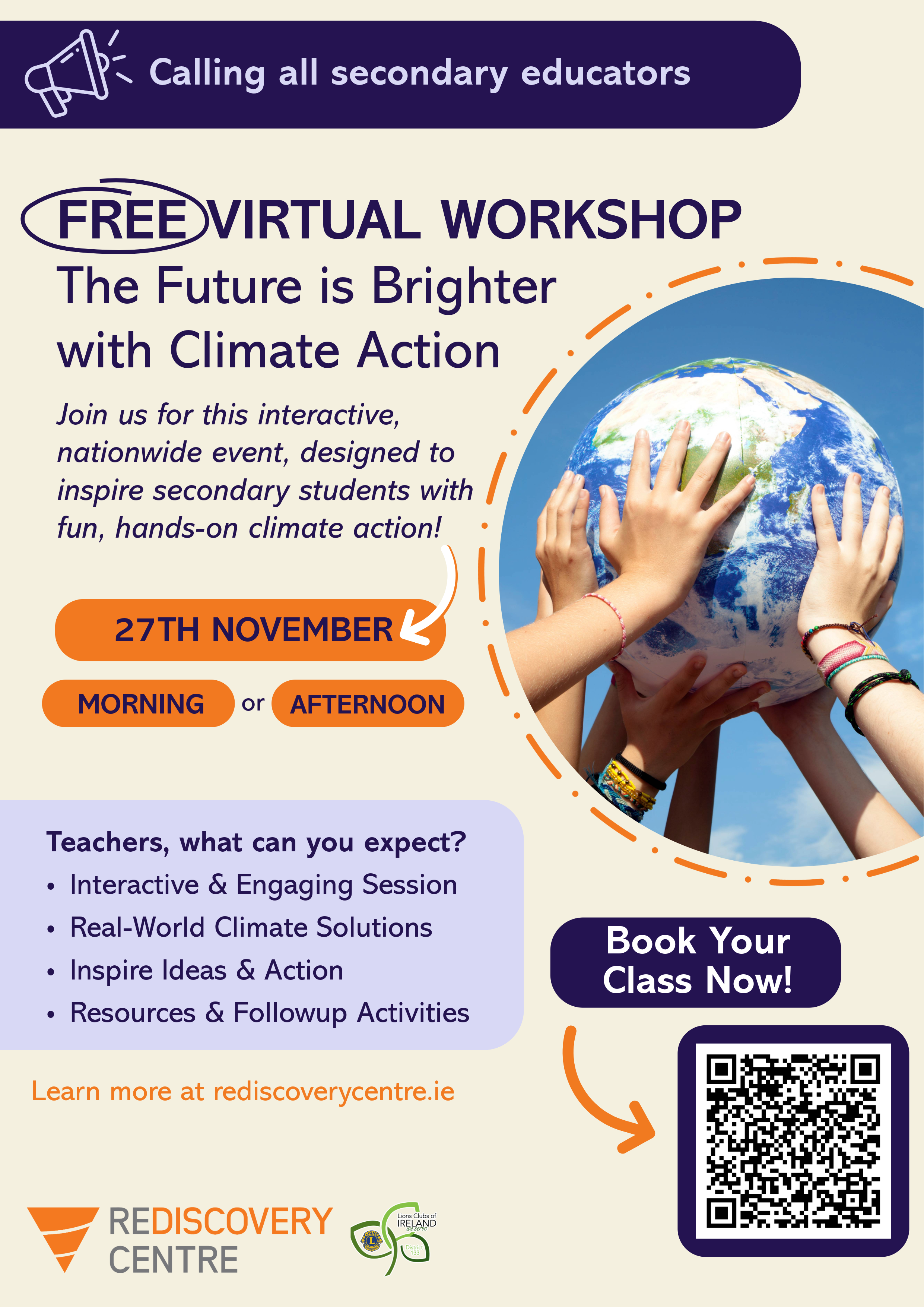 Poster showing details of a free virtual Climate Action workshop for TY students