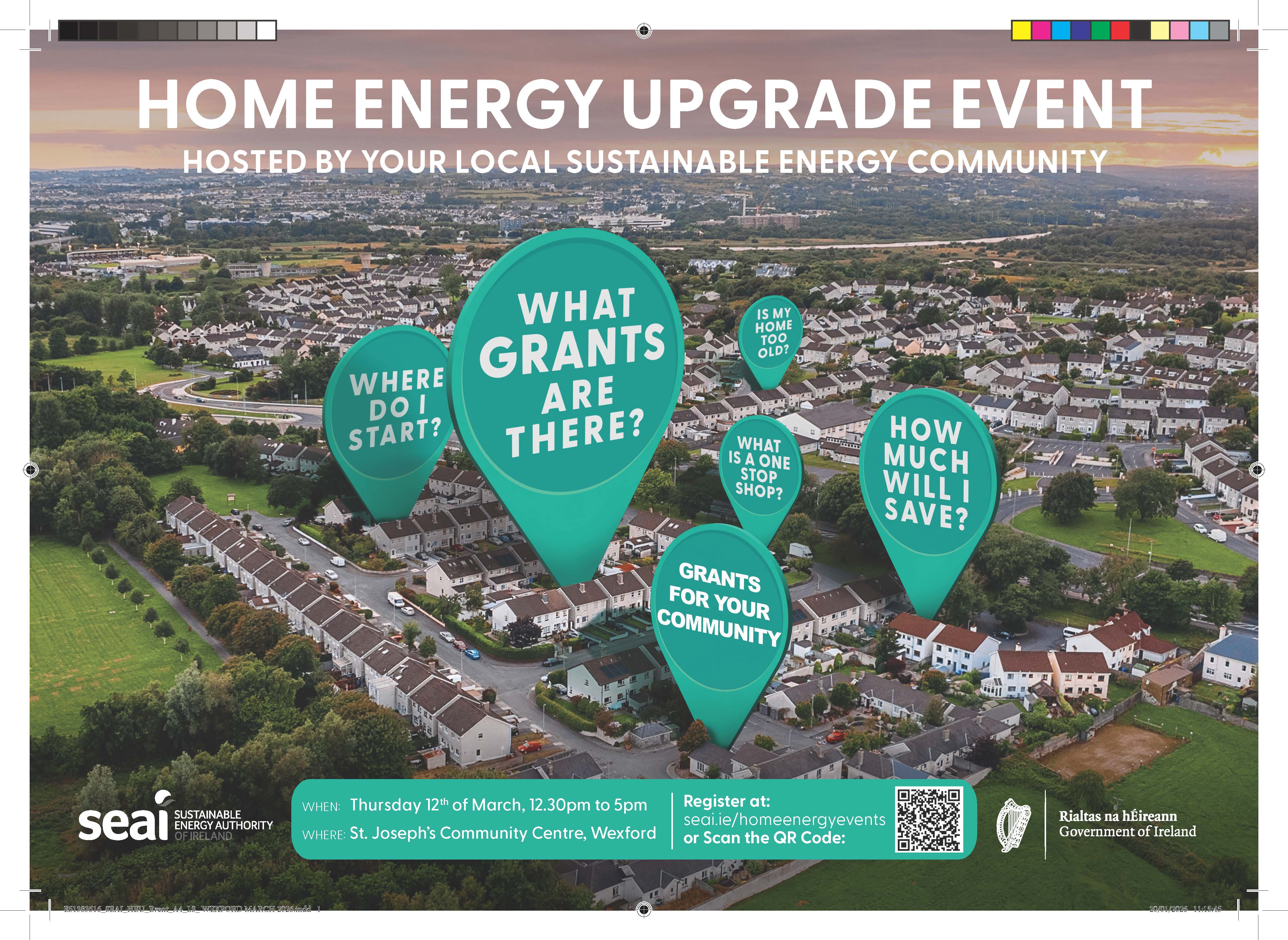 Aerial image of a town with pop-ups containing questions re energy grants