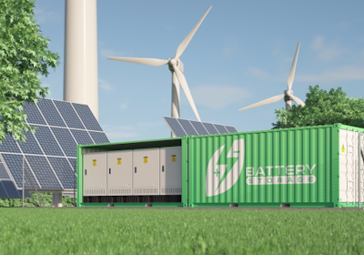 Batteriespeicher und Windräder