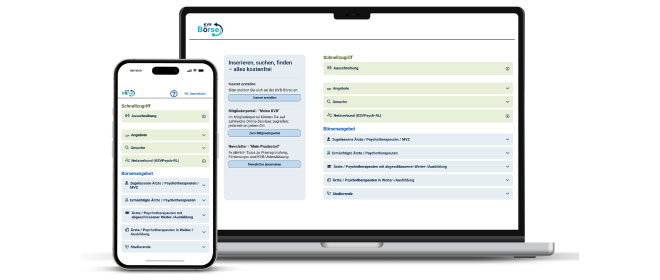 Junge Ärztin sitzt in ihrer Praxis und hält lächelnd ein Tablet in der Hand