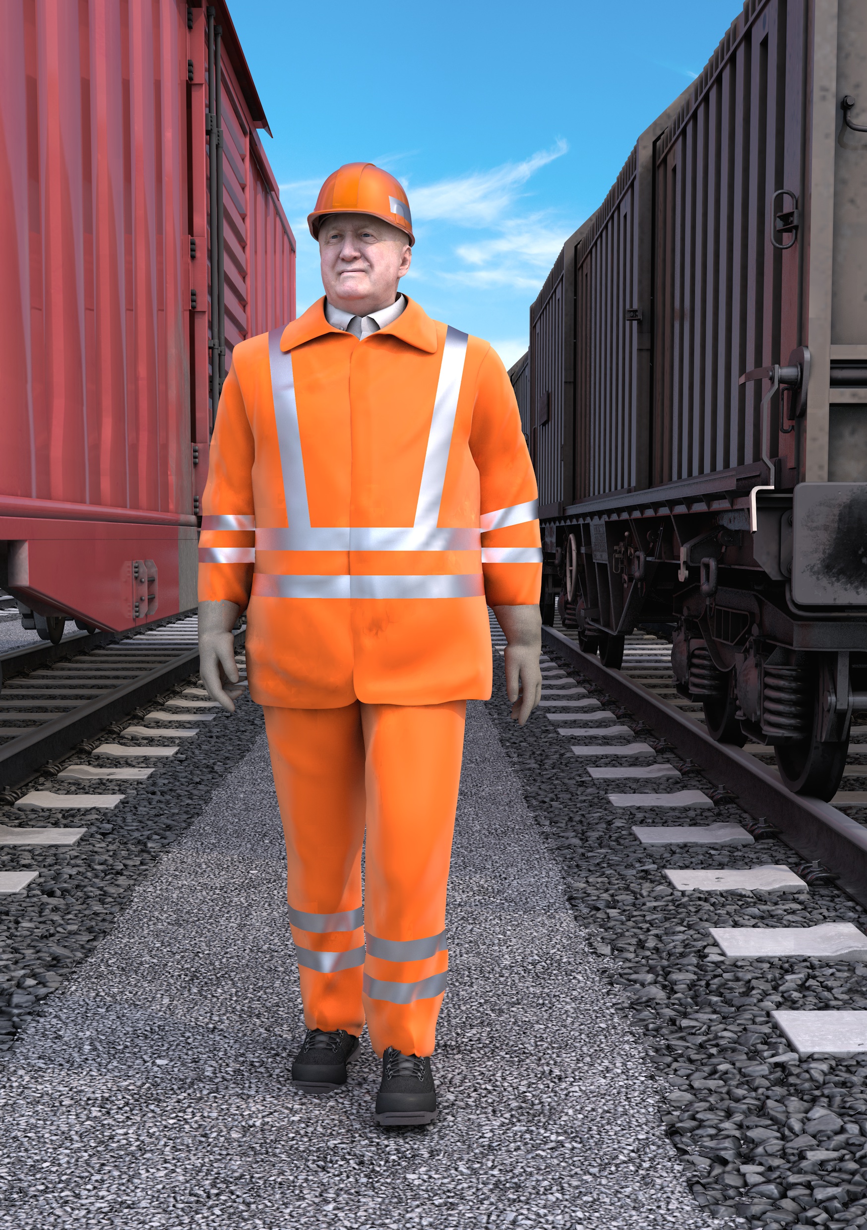 Person in Warnkleidung läuft zwischen Güterwagons