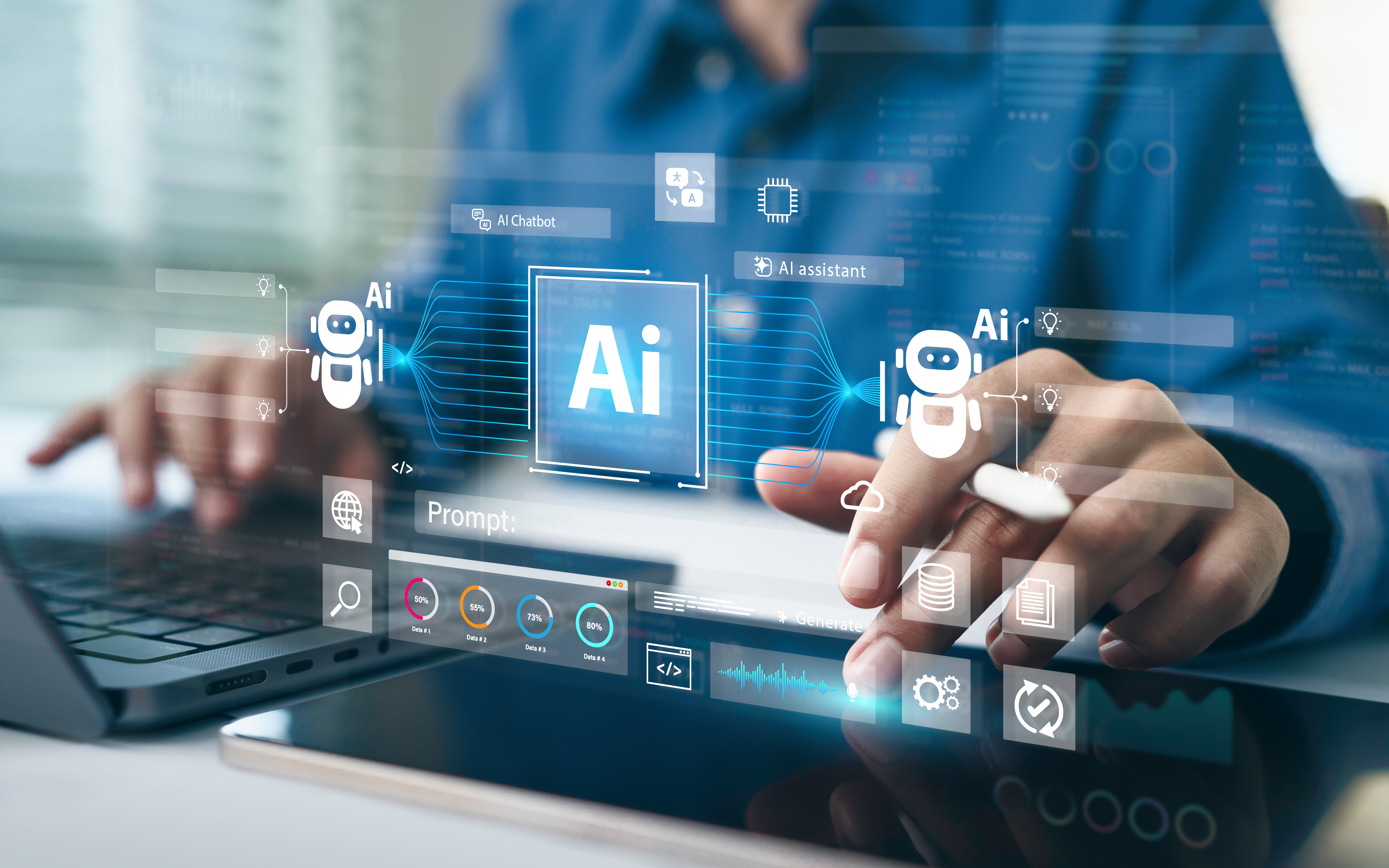 AI (artificial intelligence) schwebt über der Tastatur