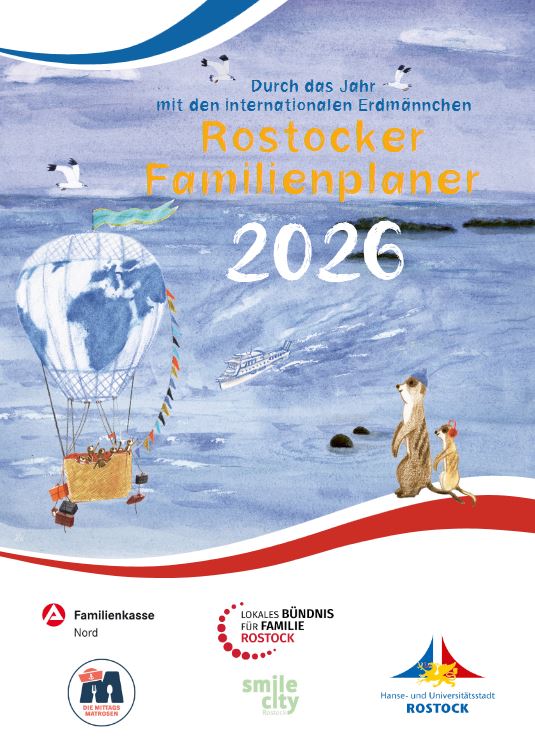 Deckblatt des Rostocker Familienplaners 2026 | Gestaltung: Claudia Burmeister, www.papierziege.de