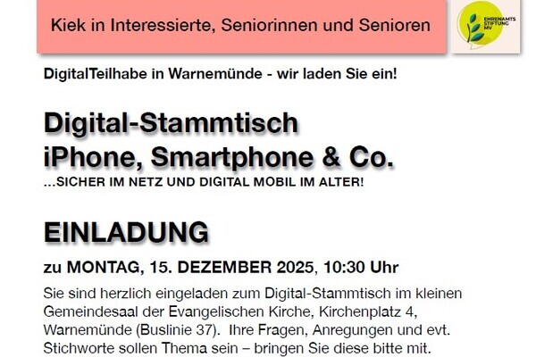 Veranstaltungsflyer - Digital-Stammtisch für Seniorinnen und Senioren in Warnemünde am 15. Dezember | Foto: Initiative DigitalTeilhabe in Warnemünde