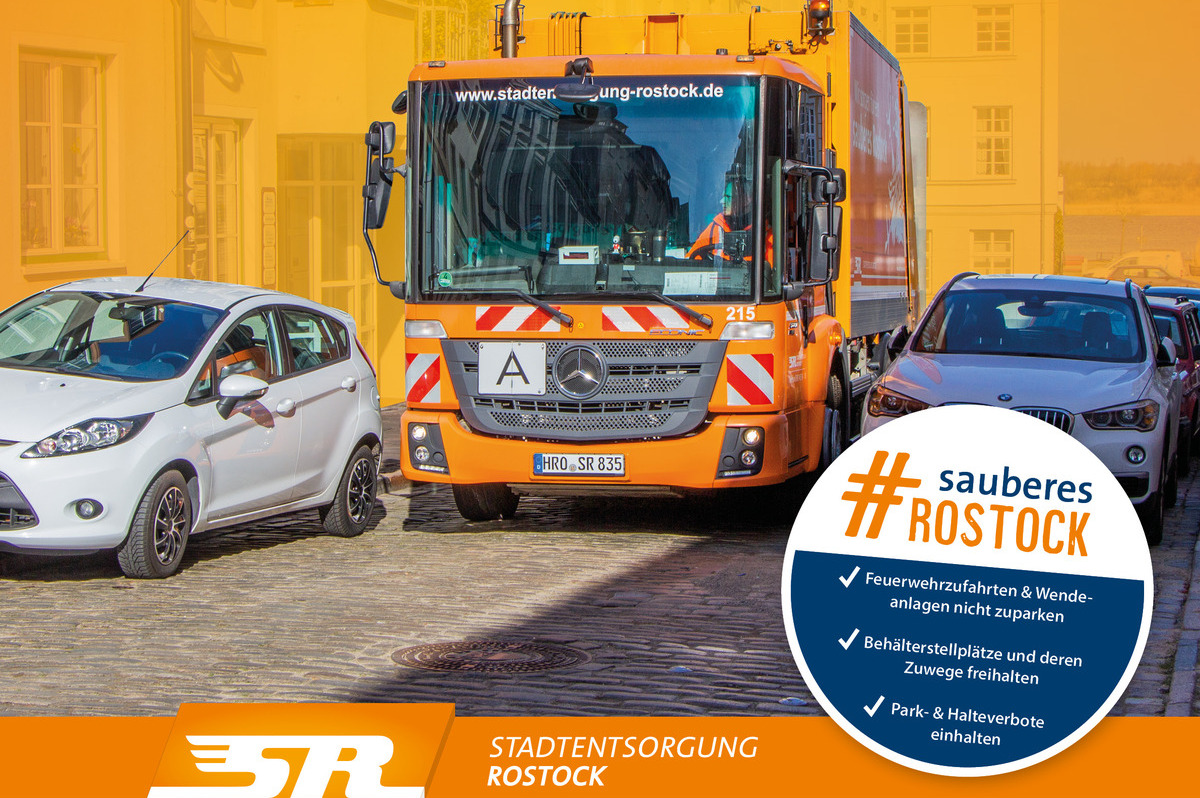 Kampagne Achtung: Wir müssen durch! - Falsch parkende Fahrzeuge behindern Rettungskräfte,ÖPNV und die Arbeit der Müllabfuhr | Foto: Stadtentsorgung Rostock GmbH