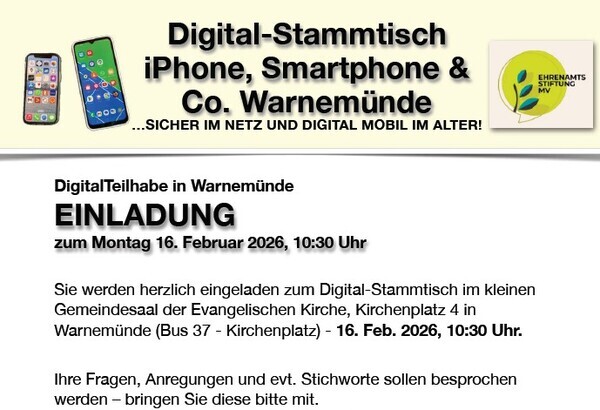 Veranstaltungsflyer Digital-Stammtisch für Seniorinnen und Senioren am 16. Februar in Warnemünde | Foto: Initiative DigitalTeilhabe in Warnemünde