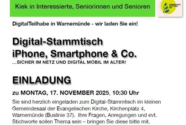 Veranstaltungsflyer zum Digital-Stammtisch in Warnemünde am 17. November 2025. | Foto: Initiative DigitalTeilhabe in Warnemünde