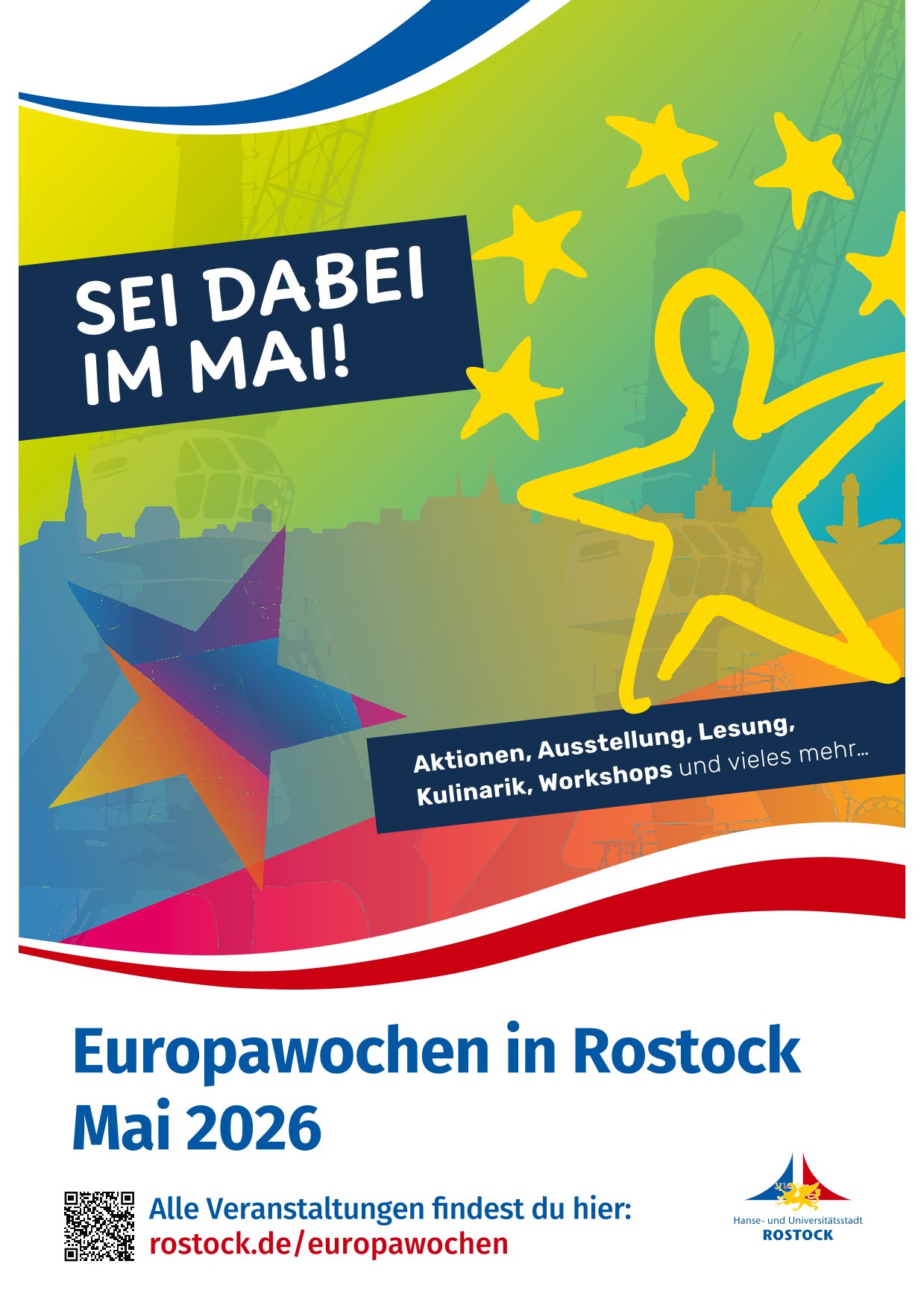 Plakat zu den Europawochen in Rostock im Mai 2026 (Plakat: PINAX Werbemedien)Foto: Josefine Rosse