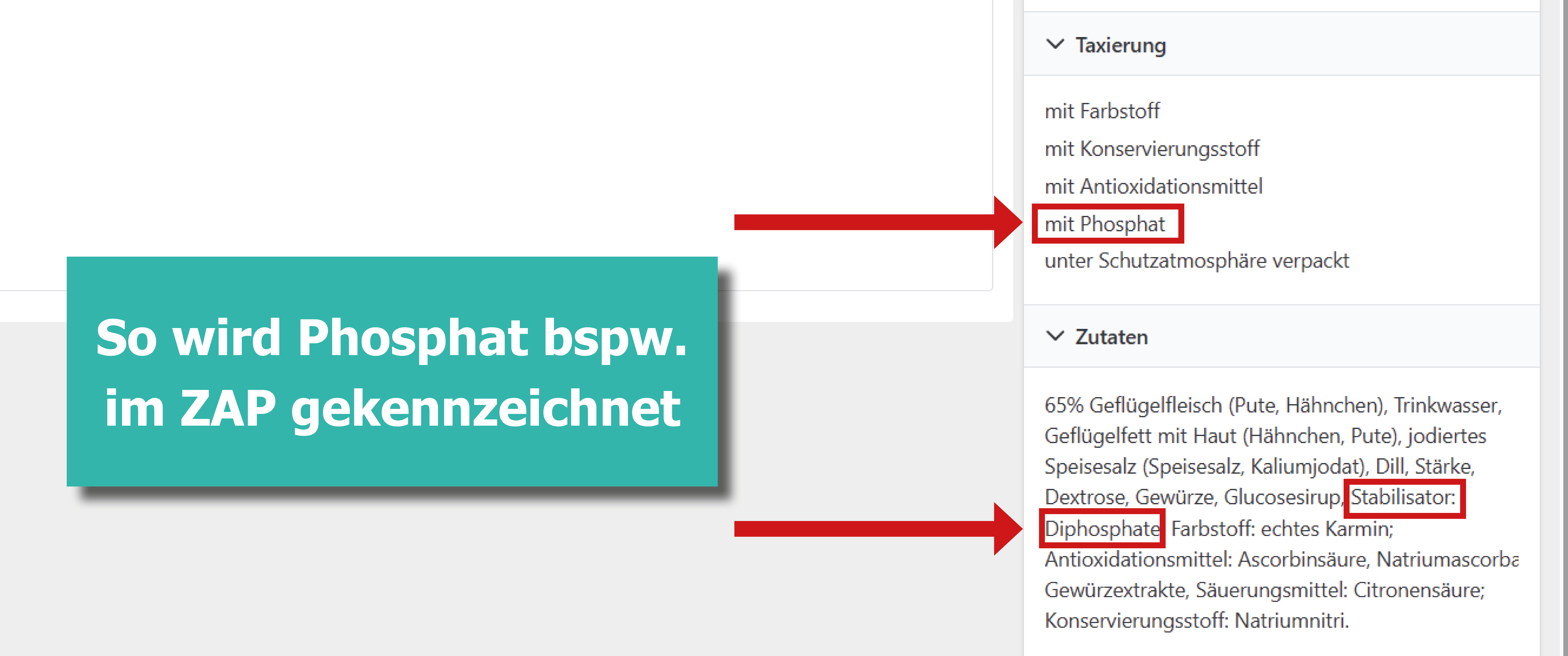 Auszug Zutatenverzeichnis mit Phosphat