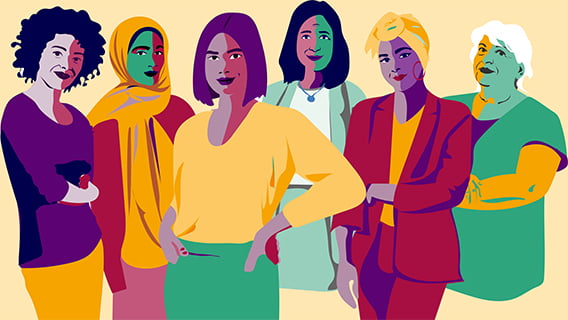 Bunte Zeichnung mit Frauen unterschiedlicher Herkunft.