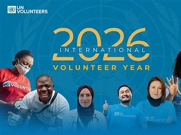 Plakat UN Volunteers zum internationalen Freiwilligenjahr der Vereinten Nationen 