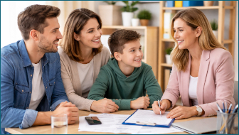 Familie mit Kind in einer Beratungssituation an einem Tisch.