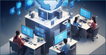 Das Bild zeigt vier Menschen, die vor Computern sitzen und arbeiten. n s