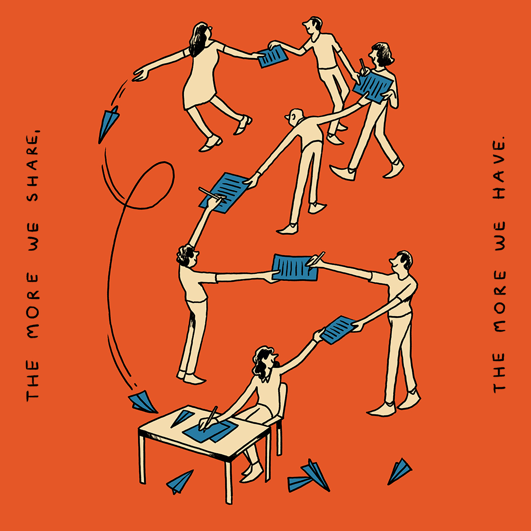 Das Bild zeigt eine Illustration von 7 Menschen, die sich alle gegenseitig Papier in die Hände reichen.