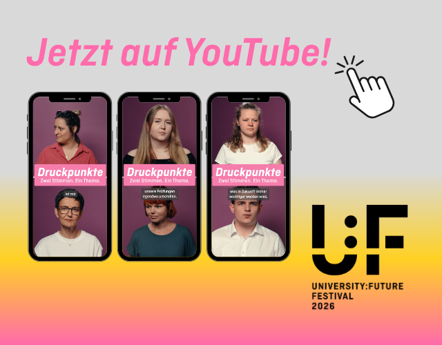 Drei Vorschaubilder der Druckpunktvideos auf denen die Teilnehmenden zu sehen sind