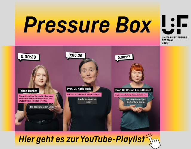 Drei Vorschaubilder der Pressure-Box-Videos auf denen die Teilnehmenden zu sehen sind