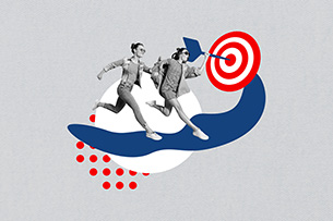 Schlagfertig statt sprachlos für Frauen Zeitgenössische Kunstcollage. Zwei jungen weiblichen Personen die zielsicher und selbstbewusst auf eine Zielscheibe zusprinten.