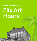 Flix Logo auf grünem Grund, Textfeld und Bild eines Museums