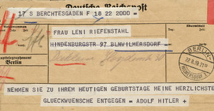 Per Telegramm gratulierte Hitler am 22.9.1939 Riefenstahl zu ihrem 37. Geburtstag