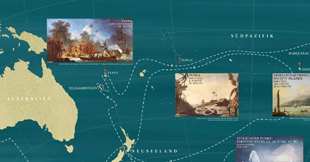 Ausschnitt: Weltkarte mit Bildern und eingezeichneten Routen