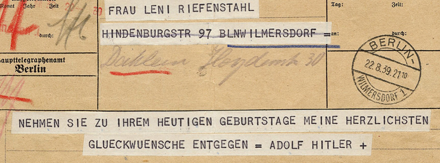 Historisches Telegramm an Leni Riefenstahl