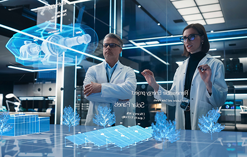 Ingenieure arbeiten an einem Hologramm einer Windturbine