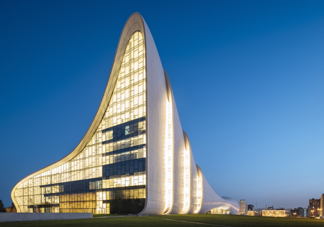 Exterior of Heydar Aliyev Building at night