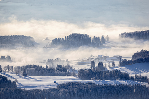 Aerial view of Lake Illasberg and the northern shore of Lake Forggensee in winter