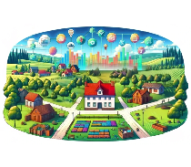 Dorf mit digitalen Symbolen am Himmel - Grafik mit DALL-E, einer künstlichen Intelligenz zur Bildgenierung erstellt © BMLEH