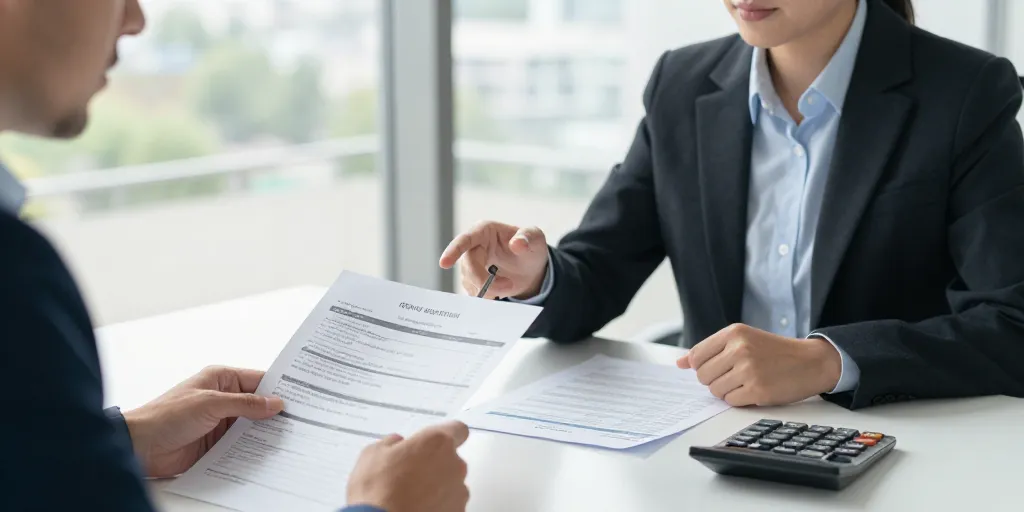 Deux personnes examinent des documents à un bureau, avec une calculatrice.