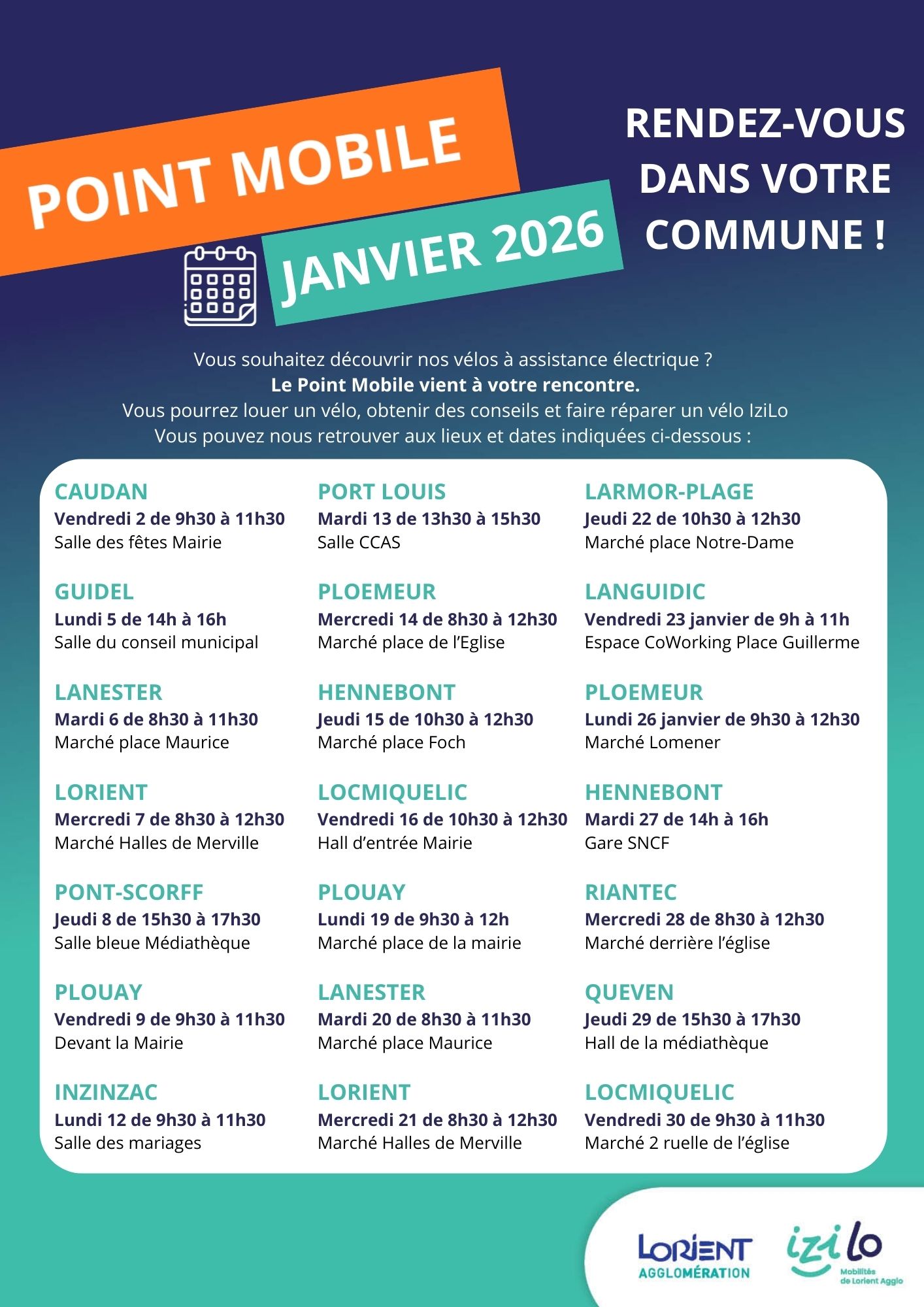 Planning du point mobile vélo pour le mois de janvier 2026