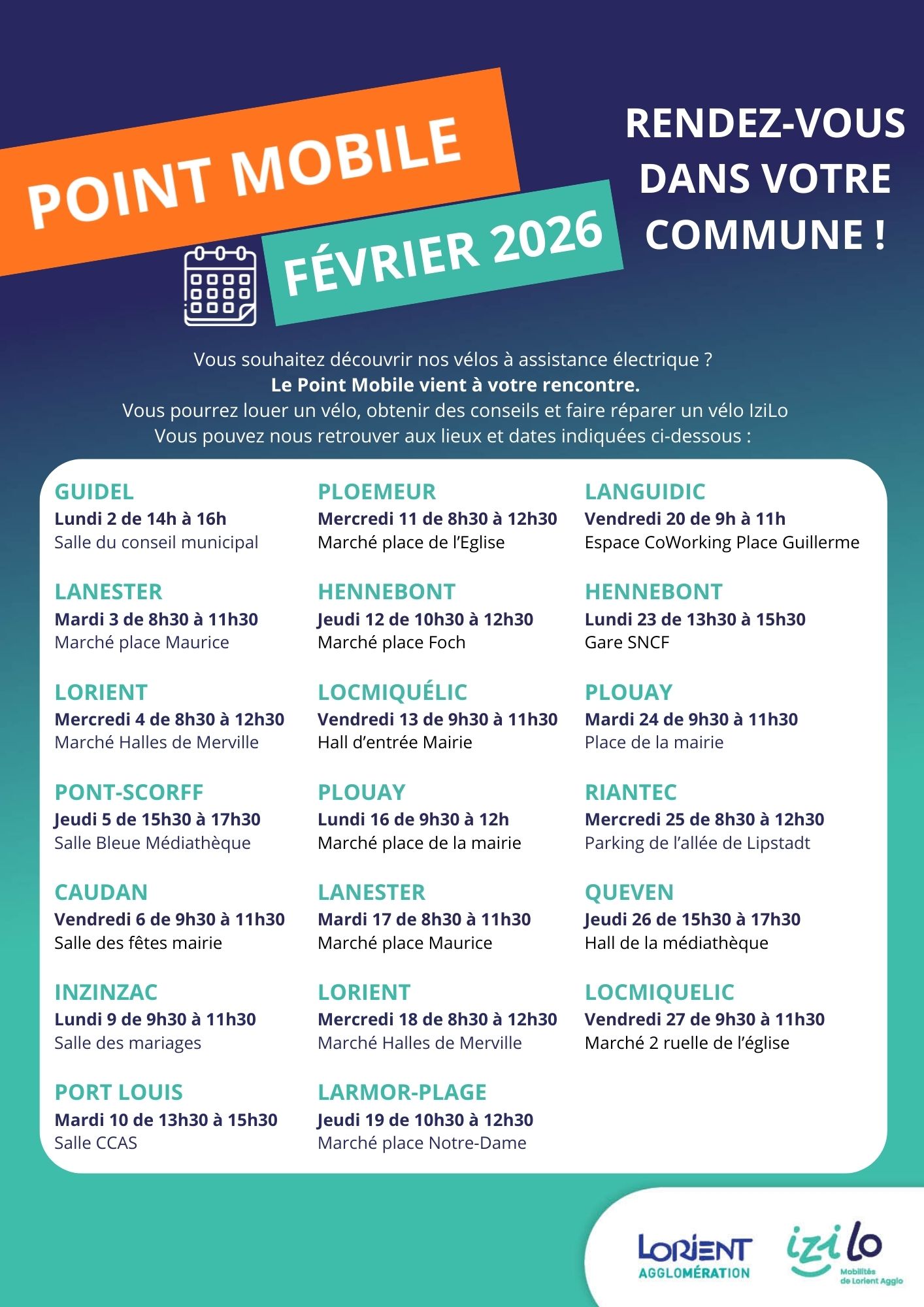 Planning du point mobile vélo pour le mois de janvier 2026