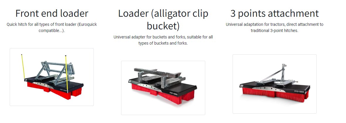 Actisweep V13 adapters for front end loader, alligator clip bucket and three point linkage