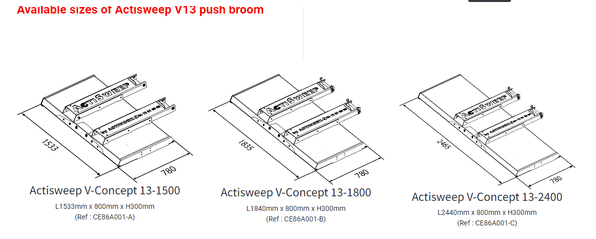 Actisweep V13 push broom sizes 1500, 1800 and 2400 with dimensions