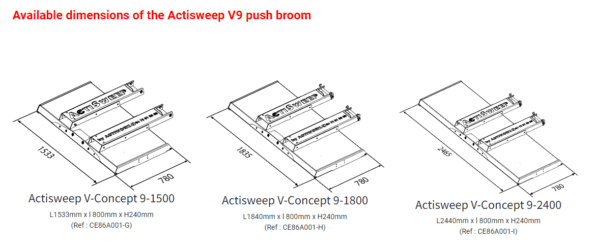 Actisweep V9 push broom dimensions: 9-1500, 9-1800 and 9-2400