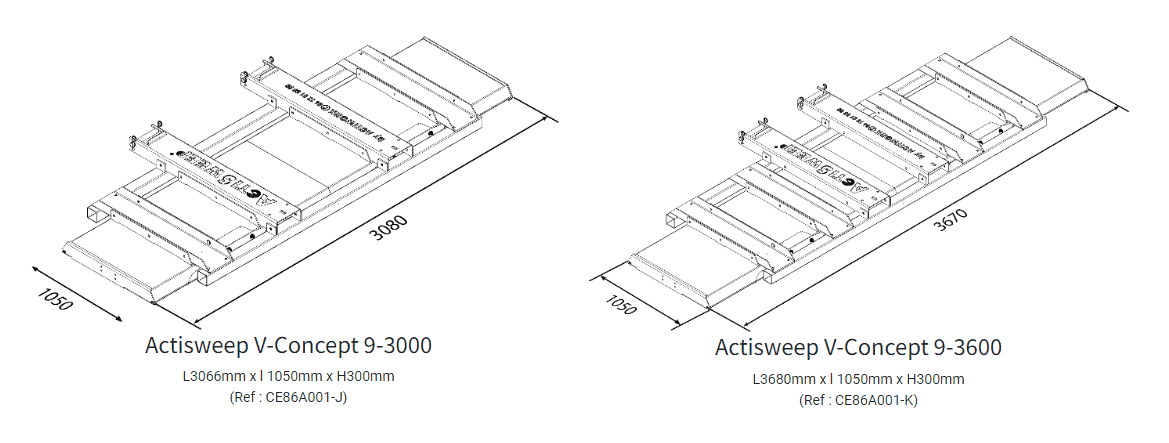 Actisweep V9 push broom dimensions: 9-3000 and 9-3600