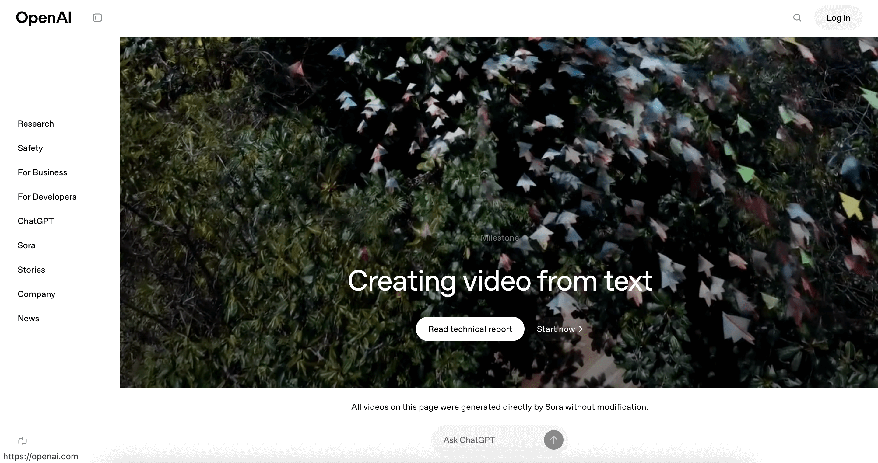 Screenshot of Sora website