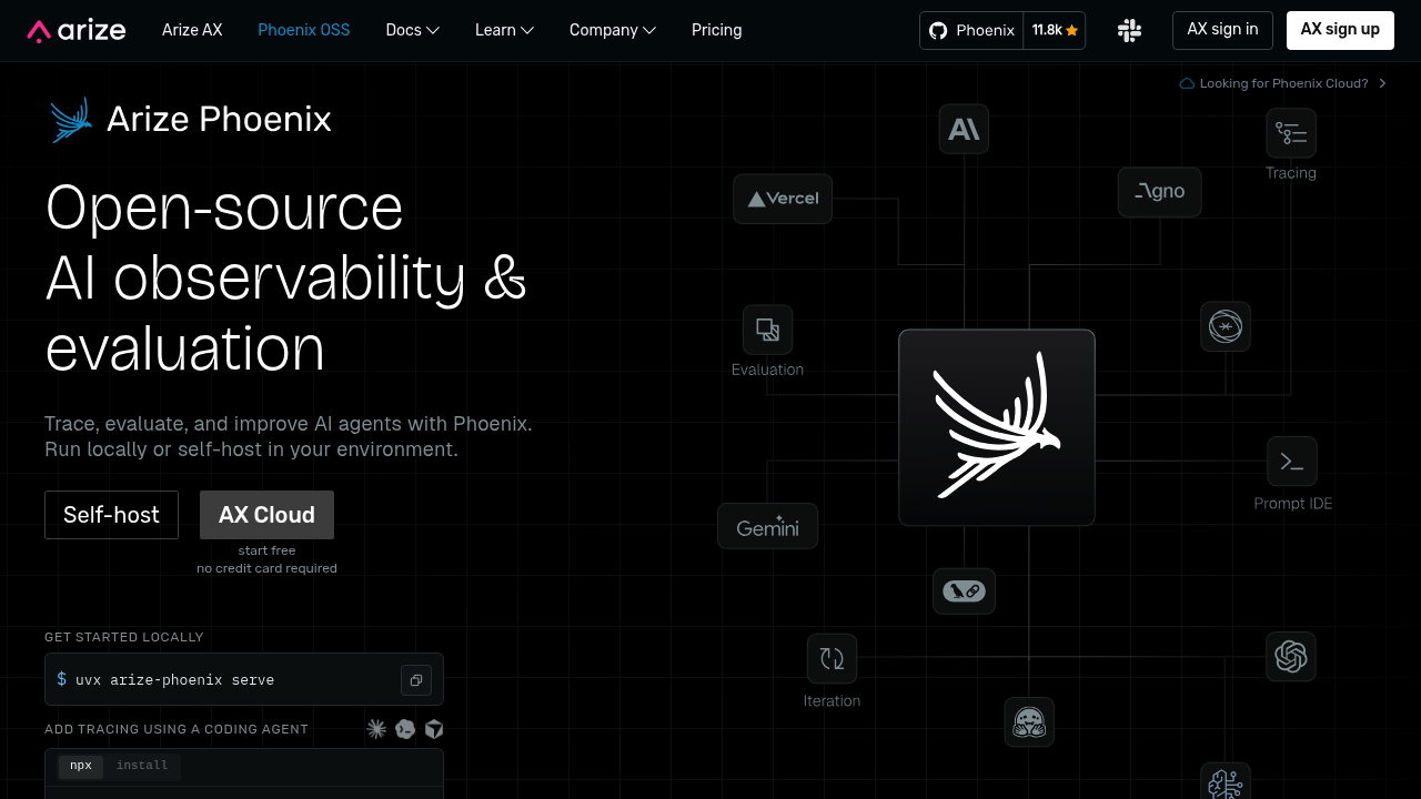 Screenshot of Arize Phoenix website