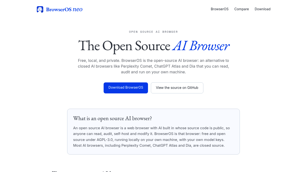 Screenshot of BrowserOS website