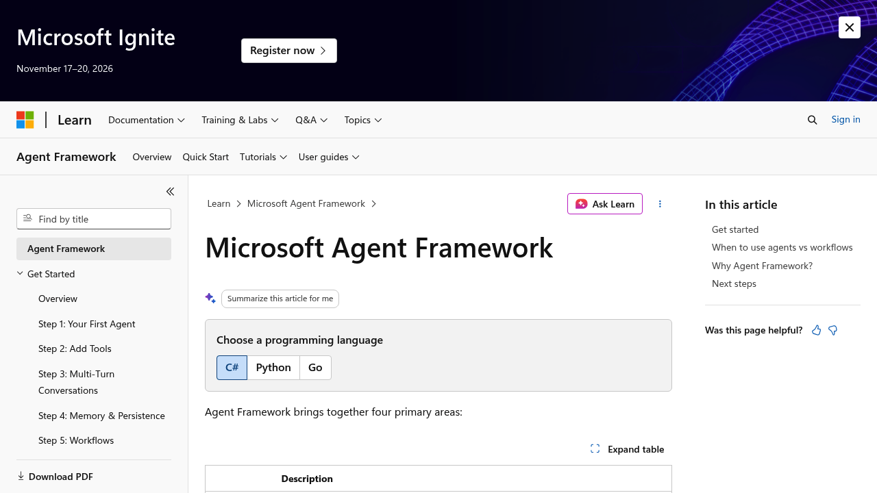 Screenshot of Microsoft Agent Framework website