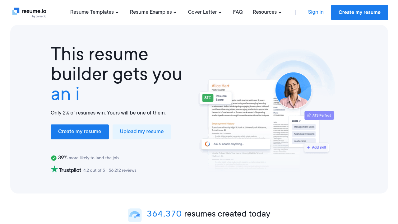 Screenshot of Resume.io website