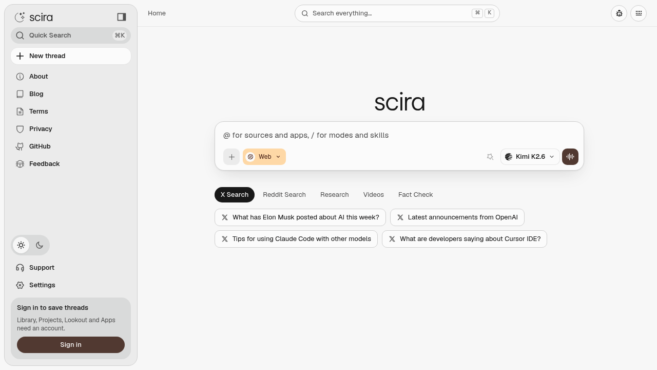 Screenshot of Scira website