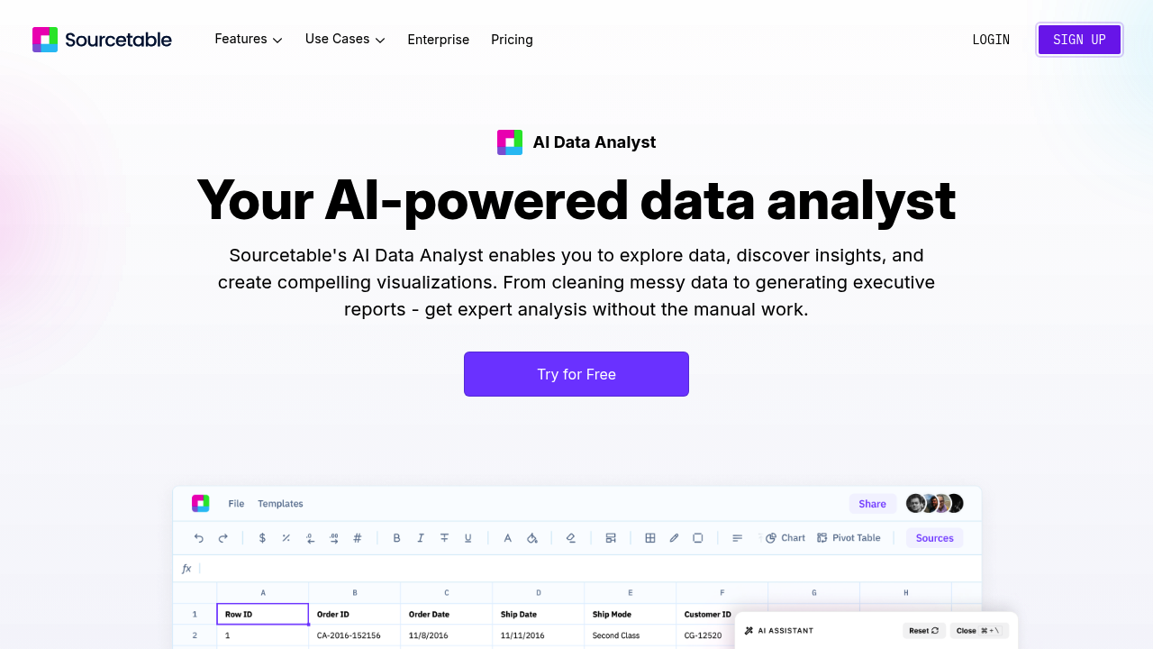 Screenshot of Sourcetable website