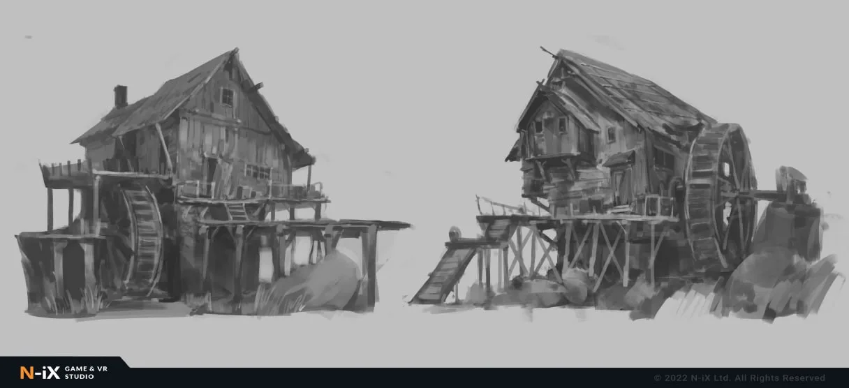 2d game environment watermill sketch
