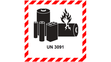 The UN 3091 lithium warning label. A red and white border encircles an image of different types of batteries, rendered in black.