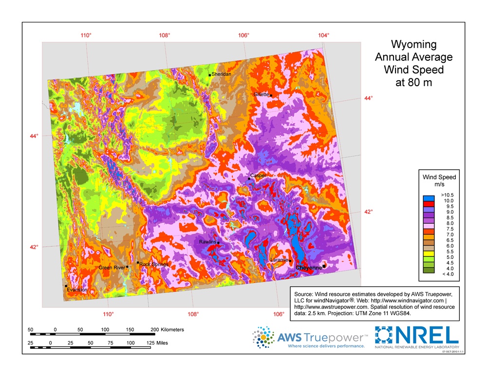 map of average wind speed in Wyoming