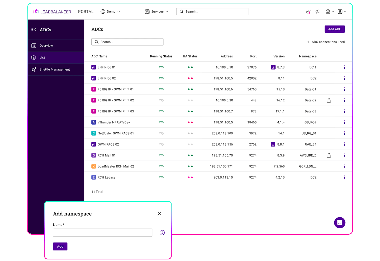 Add a namespace ADC portal web UI screen Loadbalancer tinified