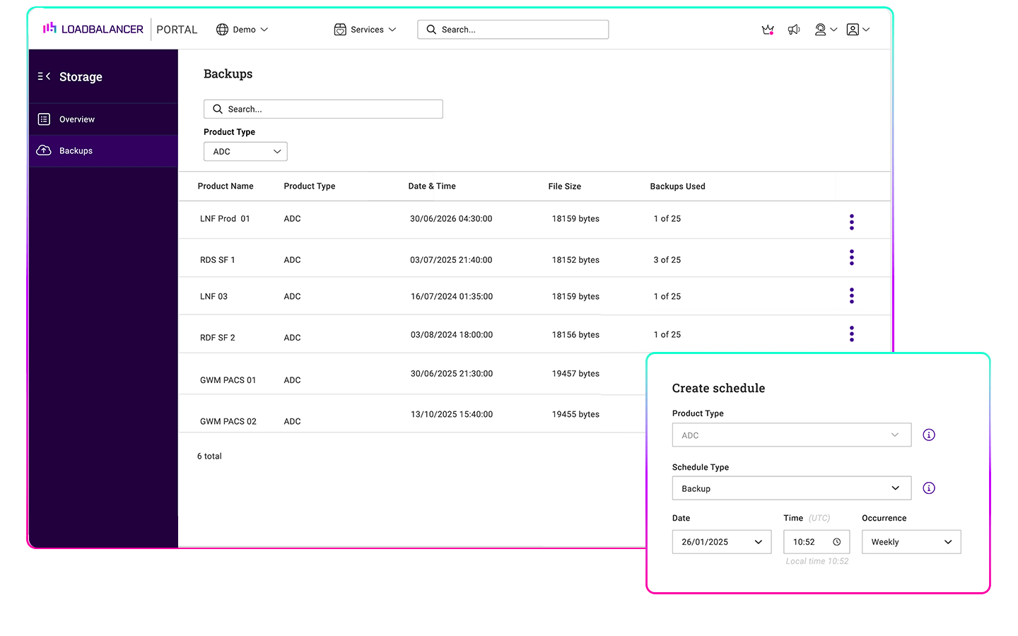 Scheduler ADC portal web UI screen Loadbalancer tinified